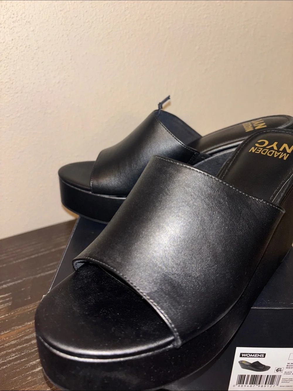 Madden NYC Black Platform Wedge Slides